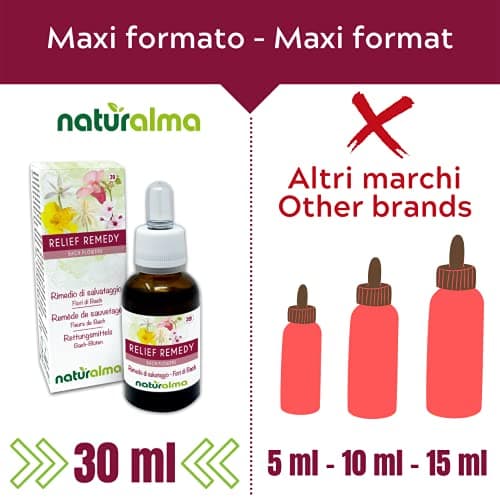Relief remedy (Remède de sauvetage) Fleurs de Bach Naturalma - Gouttes 30 ml - Extrait liquide sans alcool - Essences florales - Vegan et sans alcool