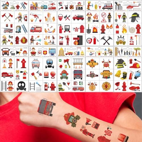 YOYEAH Lot de 10 feuilles d'autocollants pompiers – Tatouage de pompier pour enfants pour décoration, voiture, ordinateur portable et plus encore – Autocollant pompier pour voiture, autocollants pour