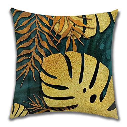 OCEUMACO Housse de Coussin 40x40 Ginkgo Feuilles Dorées Tropical Décoratif Housses Coussins pour Canapé Chaise Salon Lot de 4 Jungle Doré Bleu Canard Taie d'oreiller en Lin Scandinave - Or