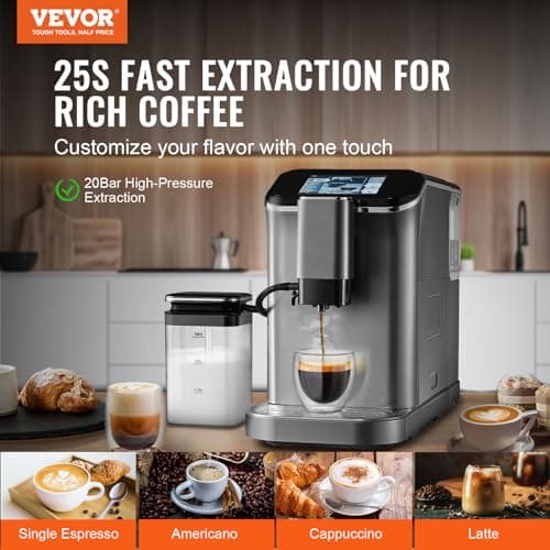 VEVOR Machine à Expresso Automatique, Cafetière Expresso avec Mousseur à Lait Automatique, Machine à Cappuccino Latte 20 Bars, avec Écran Tactile TFT, Broyeur, 15 Niveaux de Mouture, Bureau Domicile