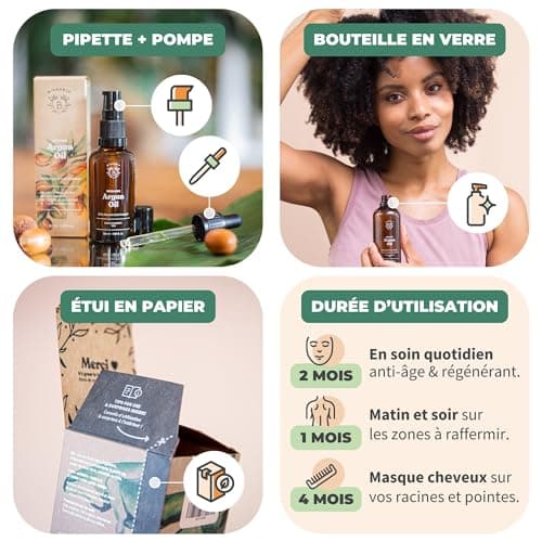 Bionoble Huile d'Argan Bio 50ml + Pipette et Pompe - Bouteille en Verre - 100% Pure, Naturelle, Pressée à Froid - Huile Argan Cheveux Visage Corps - Pure Organic Argan Oil, Huile dArgan Cheveux