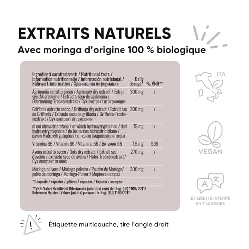 Griffonia 300mg 5-HTP Tryptophane | Avec Agrimony fleur de bach stress anxiété, Vit B6, Moringa BIO | Unique en France | Complément stress anxiété angoisse, BienÊtre Mental | RedMoringa 60 Gélules