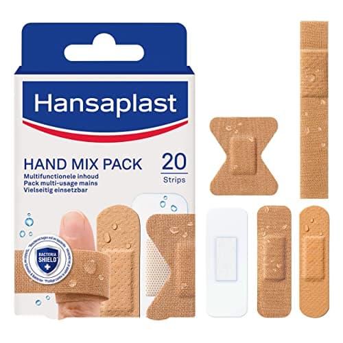 HANSAPLAST 20 Pansements Mix-Pack Mains, pansements universels résistant à l’eau et à la saleté, pansements prédécoupés spécial doigts