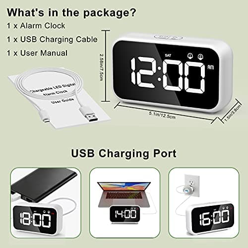 HOMVILLA Réveil Numérique LED avec Fonction Snooze, 2 Alarmes, Surface Miroir Rechargeable USB 12 / 24H pour Bureau de Chambre