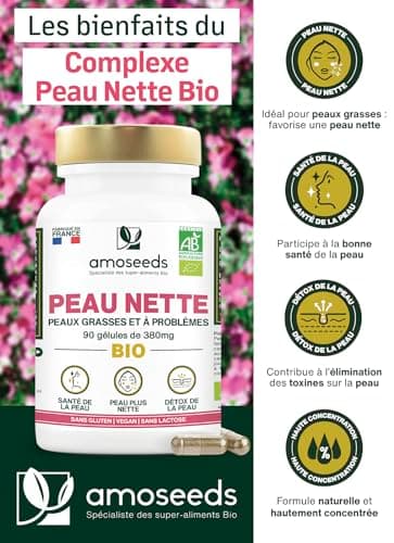 Peau Nette BIO | Peaux Grasses et à Problèmes | Régule la production de Sébum | Détoxifie et Purifie | Bardane, Pensée Sauvage, Ortie | 60 gélules de 380mg | Fabriqué en France | Qualité Supérieure