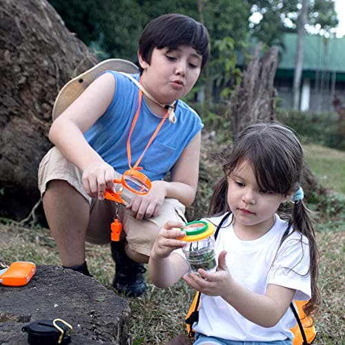 Kit Exploration Enfant avec Gilet Safari et Chapeau, Jumelles Enfant, Boussole Enfant, Loupe Enfant, Boite Loupe Insecte - Cadeau pour Les Garçons et Les Filles âgés de 3 à 12 Ans (Orange, 3-7)