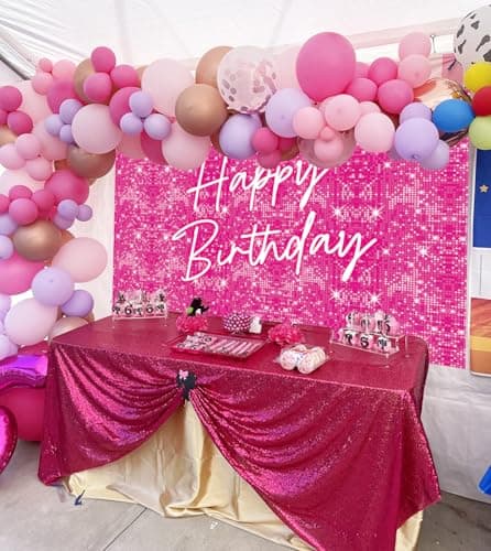 Toile de fond rose vif « Happy Birthday » à paillettes brillantes de 2,1 x 1,5 m pour photographie de filles et femmes, décoration de fête d'anniversaire pour filles et femmes, accessoires photo