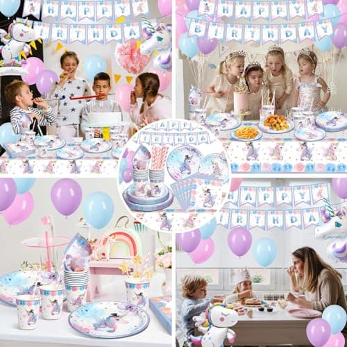 LAISLLA Assiettes Anniversaire Licorne, Anniversaire Licorne Decoration Fille, Deco Licorne Ballon, Licorne Vaisselle Anniversaire pour Enfants Party Fête Mariages Baby Shower Noël, 16 Invités