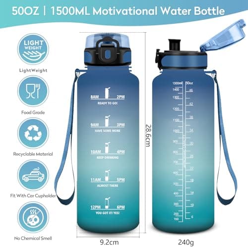 KollyKolla Gourde 1.5L Sport, Gourde Grande, Étanche et Réutilisable, Bouteille d'eau avec Marqueur de Temps et Filtre, Gourde Graduée pour 1 Journee, Adulte, Gym, l'école, Voyage, Camping, Randonnée