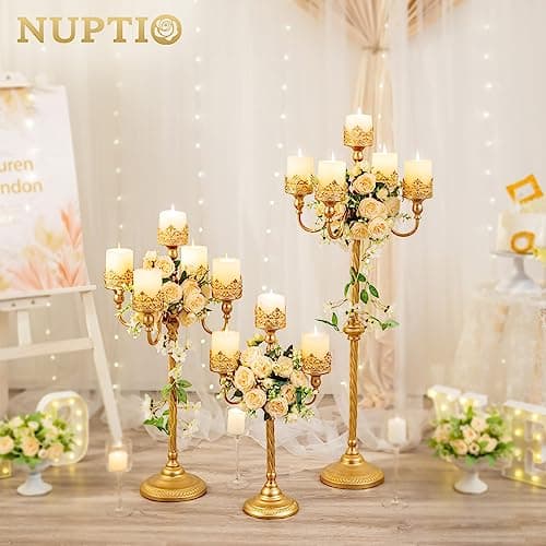 Nuptio Chandeliers Or 56cm 3 Bras Chandeliers Piliers Métal 3-Bougies Chandeliers Centrepiece Vintage Chandeliers pour Noël Pâques Anniversaire Fiançailles Mariage Décorations