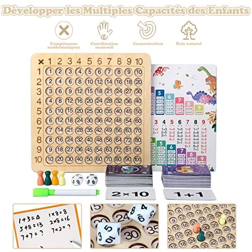 VEGCOO Jeu Table de Multiplication en Bois, Cartes de Multiplication Montessori Mathématique, Jeux de Plateau d'apprentissage des Multiplications pour Enfants de 3 à 12 Ans