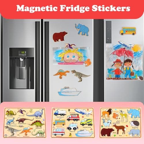 3 Jeux De Puzzles pour Bois pour Les Jeunes pourfants, Autocollants Magnétiques pour Bois pour Le Réfrigérateur, Puzzles Montessori, Cadeaux pour Filles Et Garçons -Voiture Dinosaure Animaux