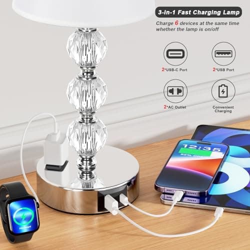 Kakanuo Lampe de Chevet Tactile avec Ports USB-A+C+Prise CA, 3 Intensité Variable, Lampe en Cristal Lot de 2, Abat-jour Blanc, Lampes de Table pour Chambre Salon D'enfant Bureau (Ampoules Incluse)
