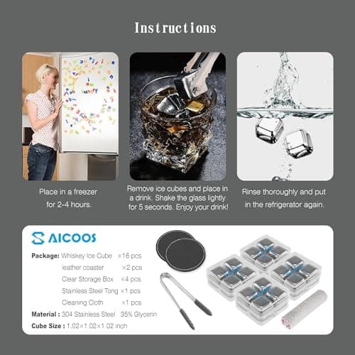 Lot de 16 Glacon Reutilisable - Glacons Pierre a Whisky - Glaçons Réutilisables en Acier Inoxydable, Metal Whiskey Stones pour Cadeaux de La Fête des Pères pour Les Hommes Mari et Papa
