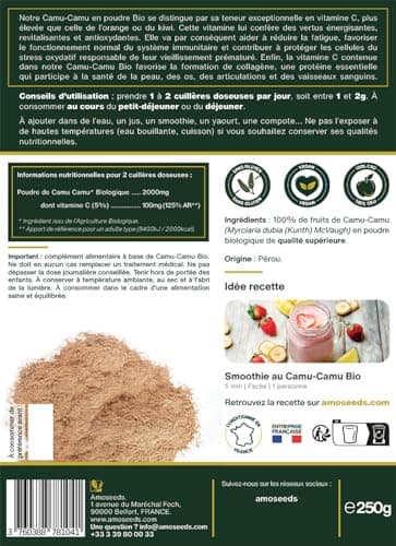 Camu-camu en poudre BIO 250G | 125% apports en Vitamine C | 100% Naturel et Pur | Immunité, Vitalité, Antioxydant | Sans OGM, sans Conservateurs | Qualité Supérieure