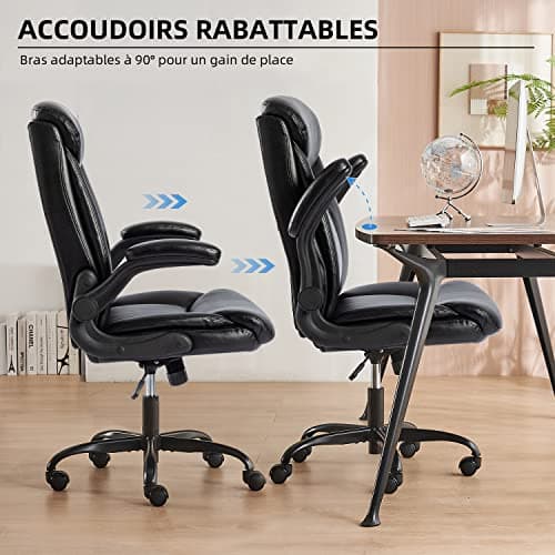MZLEE Chaise de Bureau, Chaise Ergonomique en Cuir PU Pivotante avec Accoudoir Rabattable, Hauteur réglable, Confortable pour Les Jeux de Bureau à Domicile (Noir)