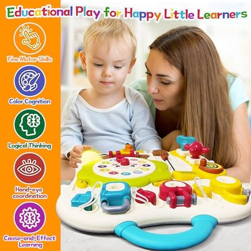 ROHSCE Montessori Busy Board - Tableau de Motricité Éducatif pour Bébé 1 à 3 Ans avec 13 Activités Musicales et Lumières LED, Jeux Sensoriels, Activités de Motricité Fine