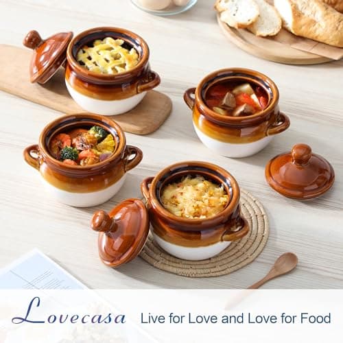LOVECASA Lot de 4 Bols à Soupe à l'Oignon Français avec Poignée | 780ml | Pot à Soupe en Porcelaine pour Céréales, Ragoût de Bœuf, Pâtes, Tartes aux Casseroles | Compatible au Micro-ondes et Four
