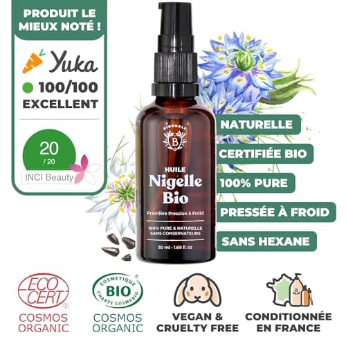Bionoble Huile de Nigelle Bio Pure 50ml + Pipette et Pompe - Bouteille en Verre - 100% Naturelle, Pressée à Froid - Huile Nigelle Bio Visage Corps Cheveux - Huile de Cumin Noir Bio, Black Seed Oil