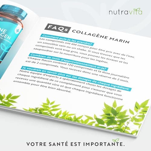 Collagene Marin + Acide Hyaluronique 1400mg avec Vitamine C Vitamine E Biotine Zinc et Cuivre - 120 Comprimés pour 2 Mois, Collagene et Acide Hyaluronique pour Hydratation de la Peau - Nutravita