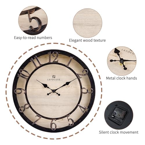 Lafocuse 30cm Horloge Murale Chiffres 3D Retro, Silencieuse Pendule Murale Rustique Vintage, Noir Shabby Chic Déco sans Tictac pour la Maison Salon Cuisine Chambre Bureau