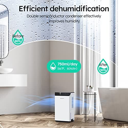 Kitette Déshumidificateur d'air, double semi-conducteur, déshumidificateur électrique, réservoir d'eau de 2 l et tuyau d'évacuation de 1,5 m, dégivrage automatique, contrôle intelligent de l'humidité