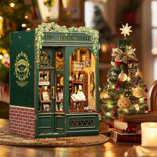 CUTEBEE Kit Book Nook - Maison Miniature à Monter soi-même - Maison de poupée - avec Housse de Protection Contre la poussière et lumière LED - Kit de modélisation pour Adultes(Owl Bookstore)
