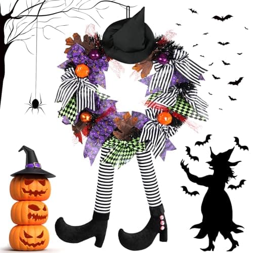 NEMMXUB 35cm Couronne Halloween, Guirlande de Sorcière, Couronne de Porte Halloween, Couronne de Sorcières Chapeau de sorcière Couronne de citrouilles,pour Cour,l'arbre,Porche Décor Murales Fenêtres