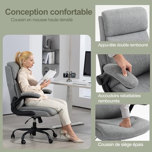 CASTLOVE Chaise de bureau ergonomique avec dossier, accoudoirs rabattables, dossier haut, hauteur réglable, fonction bascule, chaise de bureau en tissu gris, charge maximale : 150 kg