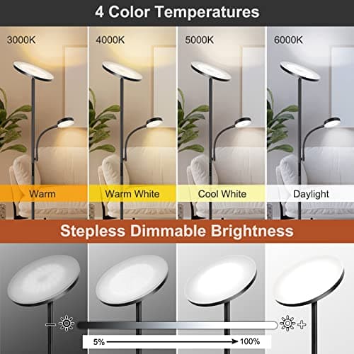 OUTON Lampadaire sur Pied LED, Lampe sur Pied Dimmable 4 Températures de Couleur, Lumière Principale de 27 W et Lampe de Lecture de 7 W, Télécommande et Contrôle tactile pour Salon, Chambre, Bureau