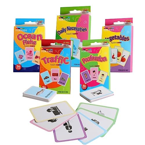 180 Cartes Flash pour Bébé, Cartes Animaux pour Enfants, Carte de Jouet d'apprentissage pour Promouvoir Le Vocabulaire (Nécessités Quotidiennes, Transport, Poisson Marin, spécialité, légumes)