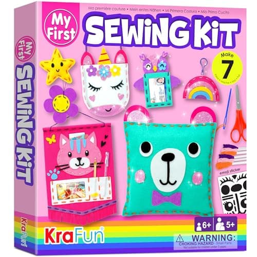 KRAFUN Mon Premier kit de Couture pour Enfants - Arts et Artisanat pour débutants - Comprend 6 projets faciles - Poupées et oreillers - Instructions et Feutre pour Apprendre à Coudre, à Broder