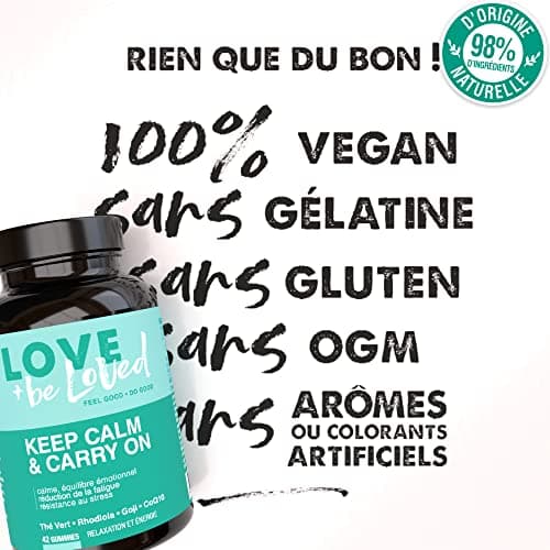 Gummies Anti-Stress et Vitalité “Keep Calm & Carry On” | 42 Gommes Vegan | Complément Alimentaire | Calme et Sérénité | Réduction de la Fatigue Mentale et Physique | Made in France | Love and be Loved