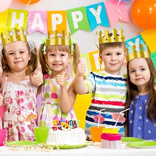 Couronne Chapeau de Fête, 28 Pièces Couronne en Papier Doré pour Anniversaire Célébration Bébé Douche Accessoires Photo, Chapeau Couronne en Papier a 9 Trous pour Ajuster la Taille(2 Styles)