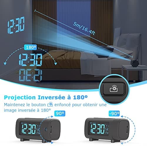 LIORQUE Radio Réveil à Projection, Horloges à Projection 180° Reveil Projecteur FM avec Alarme, Grand Affichage VA, 4 Niveaux de Luminosité de l'écran, Numérique USB, Fonction Snooze, 12/24H