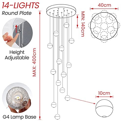 KJLARS Suspensions LED Contemporaine Pendentif Lampe Hauteur Réglable Lustres adapté pour salon table à manger escalier chambre Plafonniers lampe suspendue (14 Lights)