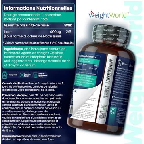 Iode de Potassium Stable Thyroïde 400μg - 365 Micro Comprimés Vegan (5mm) - 1 Tous les 3 Jours - Iodure de Potassium sans éléments radioactifs - Métabolisme, Peau Normale - Forte Dose Iode Potassium