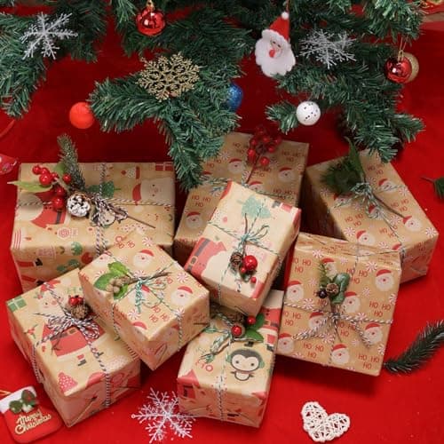AhfuLife 2 Rouleau Kraft Papier Cadeau Noël, 43cm×15m Recyclable Papier Emballage Cadeaux Noel avec Motifs Fins pour Enfant Emballage des Cadeaux, Décor de Noël(C : Hoho/Père Noël)