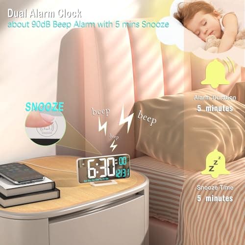 KOSUMOSU Horloges numériques LED pour Chambre à Coucher, 6,7 Pouces, réveil numérique, Fonction de Gradation, 12/24 Heures, Date, Jour de la Semaine, température, Horloge de Table, Horloge LED pour