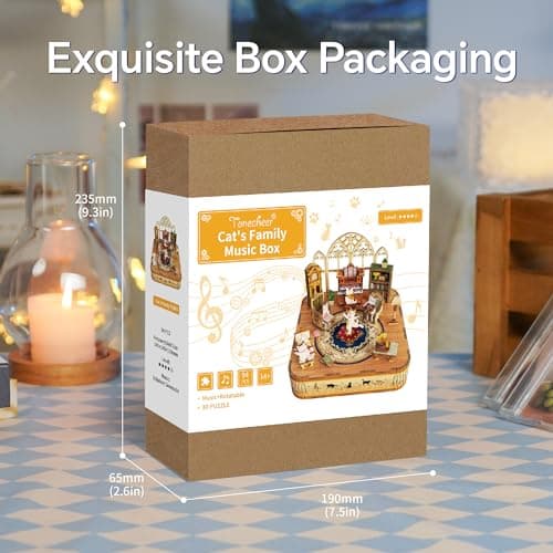 Tonecheer Kit de boîte à Musique à Faire soi-même pour Adultes, Puzzles 3D en Bois, boîte à Mouvement Musical pour Adolescents, Bureau, Cadeaux décoratifs pour Anniversaire (Famille de Chats)