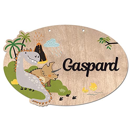Plaque de Porte Personnalisée Dinosaure. Plaque Chambre Enfant. Plaque Bois Personnalisable avec Prénom. Décoration Chambre Enfant Dinosaures - 2 perçages en Haut, Plexi Noir