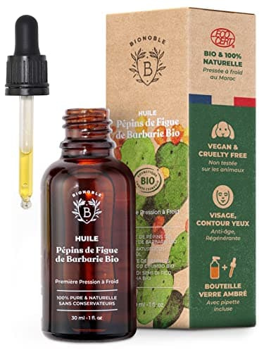 Bionoble Huile de Pépins de Figue de Barbarie Bio 30ml + Pipette - Bouteille en Verre - 100% Pure, Naturelle, Pressée à Froid - Huile de Figue de Barbarie Bio Visage Anti-Âge et Anti Cerne Bio