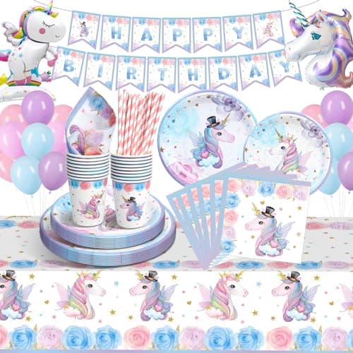 LAISLLA Assiettes Anniversaire Licorne, Anniversaire Licorne Decoration Fille, Deco Licorne Ballon, Licorne Vaisselle Anniversaire pour Enfants Party Fête Mariages Baby Shower Noël, 16 Invités
