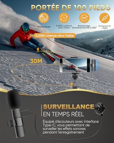 Micro Cravate sans Fil pour iPhone/iPad/Téléphone Android/Ordinateur Portable, IUMAKEVP Plug-Play Microphone à Clipser Revers avec Réduction du Bruit pour Enregistrement Vidéo/Vapeur en Direct(2 Mics)