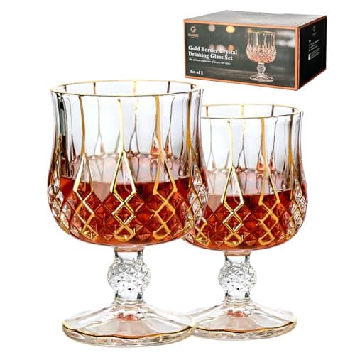 GLASKEY Lot de 2 Verres à Cognac en Cristal - décorés à la main avec de l'or 24K, Verres à Brandy à pied court pour Bourbon, Scotch, Tequila, Armagnac, Rhum, Bière, Liqueur - 21cl