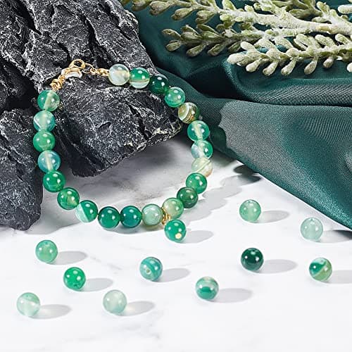OLYCRAFT Environ 94pcs Perles D'Agate Naturelle 8mm Perles D'Agate Rayées Vertes Teintées Perles D'Agate Bandes Vertes Perles Rondes Vrac Pierre D'Énergie pour Bracelet Collier Fabrication Bijoux