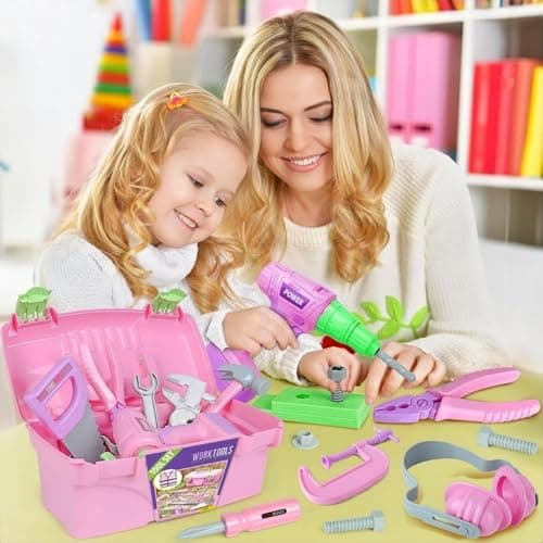 ANYCESO Ensemble d'outils électriques pour Enfants, Coffret de Jouets de Construction, visseuse sans Fil, idée Cadeau pour garçons et Filles de 3 à 8 Ans, Rose