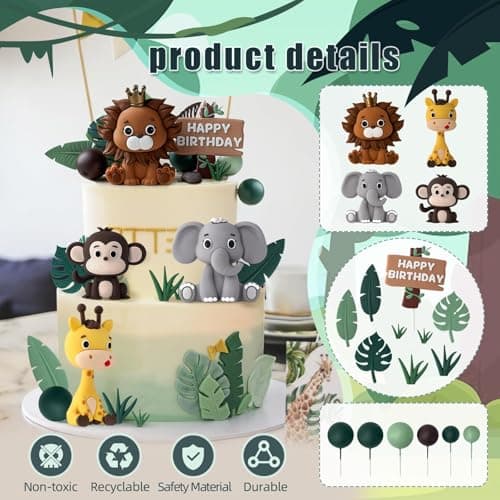 Kit de Décoration Gâteau Jungle Safari - 19 Figurines d'Animaux pour Décoration de Gâteau d'Anniversaire - Lion, Girafe, Éléphant, Singe - Parfait pour Thème Jungle Safari Anniversaire Garçon ou Fille