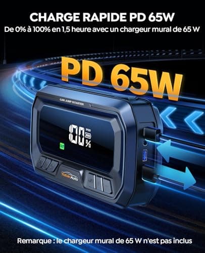 Booster Batterie Voiture avec Compresseur 6000A 160PSI YaberAuto Booster Batterie Moto avec 65W Charge Rapide (Tous Gaz/12,0L Diesel),Démarreur avec Gonfleur,Câble Rallongé,Grand Écran et Lumière LED