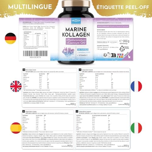 Premium Collagène Marin Complex 1000mg hautement dosé + Acide Hyaluronique - 120 Caps + Coenzyme Q10, Zinc, Cuivre, Manganèse, Vitamines C, Biotine - Sans additifs, Fabriqué en Autriche par VROODY
